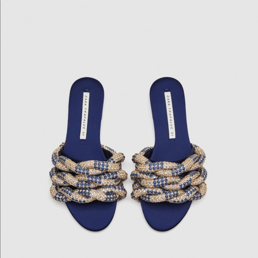 NWT ZARA Gem Encrusted Navy Satin Slides 6 - Picture 3 of 5